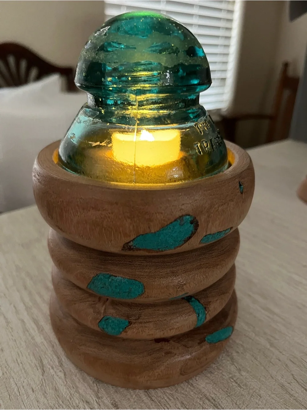 B&W Handcrafted Redneck Fairy Lamp – Teal Glass Insulator & Turned Wood